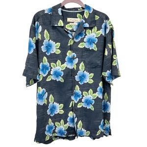 TOMMY BAHAMA BLUE HIBISCUS FLORAL 100% SILK SHORT SLEEVE ORIGINAL FIT CAMP SHIRT